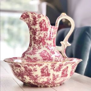 Vintage Antique Large Red Toile Pitcher & Basin